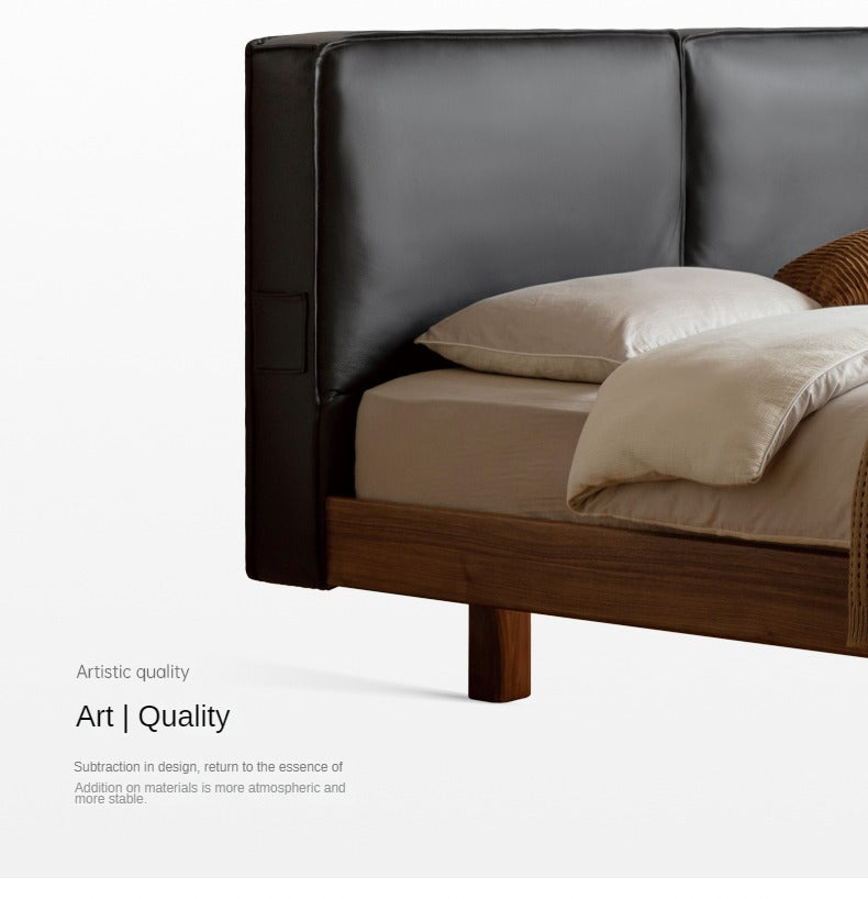 Teak, Black Walnut Solid Wood Genuine Leather Suspended Bed with Light