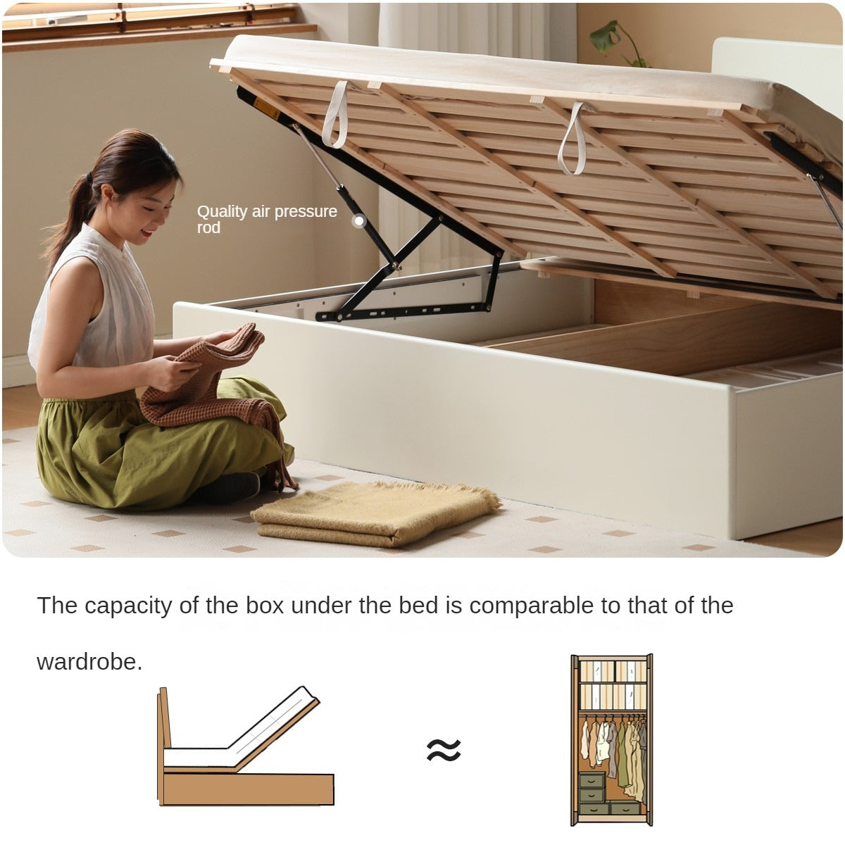 Poplar, Rubber Wood Solid Wood Box Bed, Cream Storage Bed