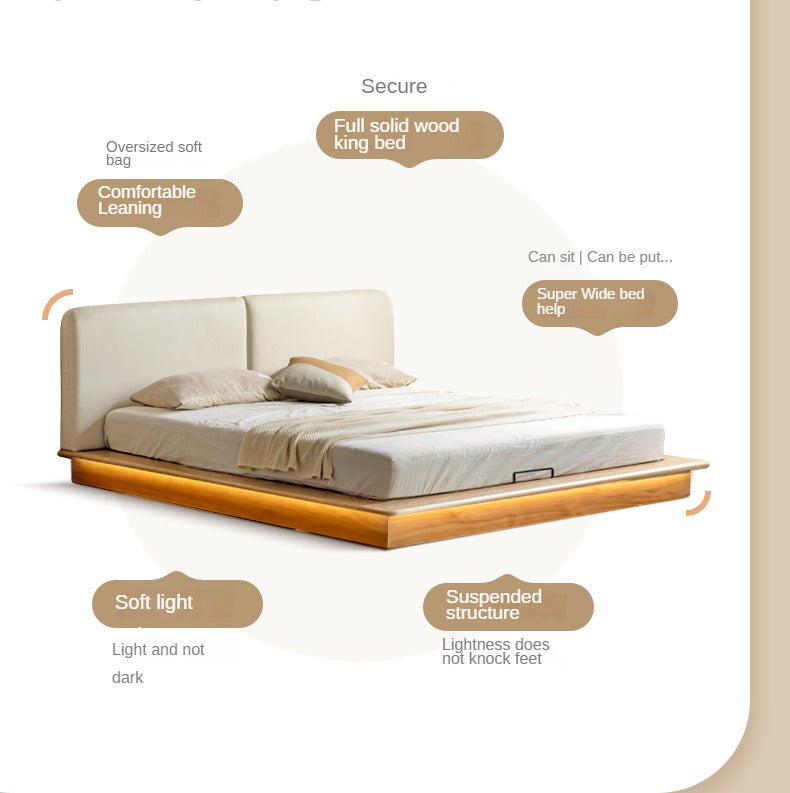 Oak solid wood Leather Technology Fabric Soft Bed floating platform bed