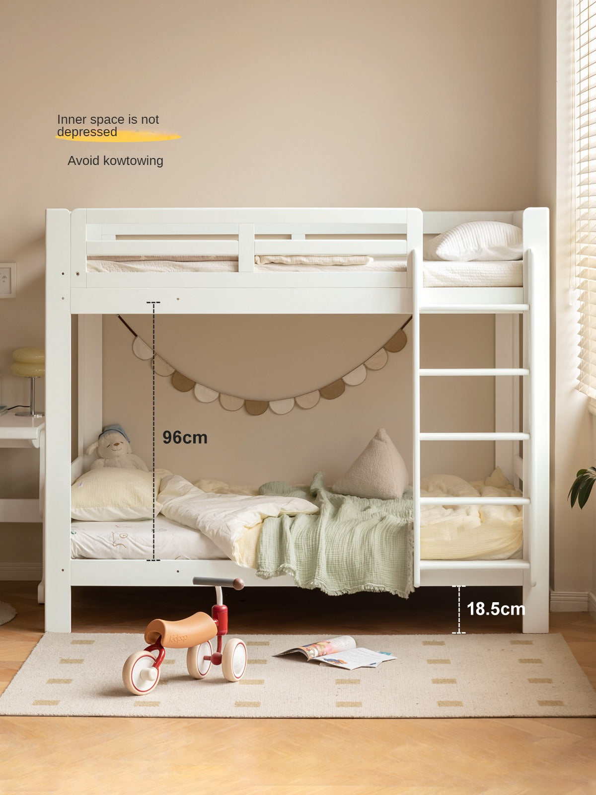 Rubber wood, Beech Solid Wood Children's Bunk Bed Cream Style White.