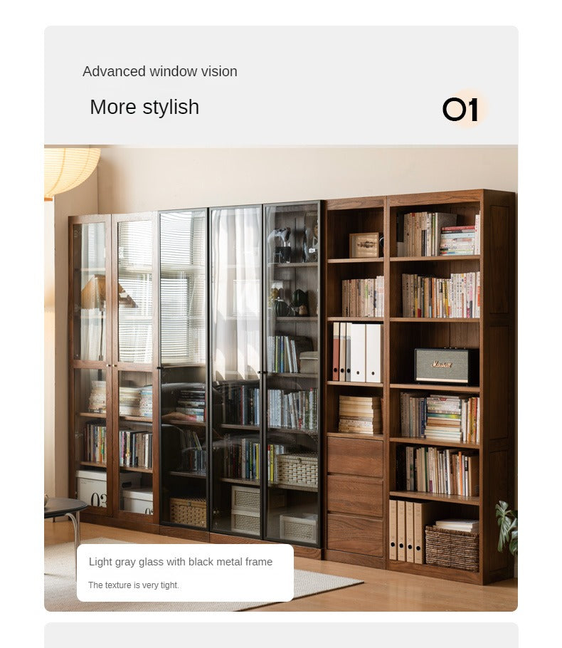 Solid Rubberwood, Oak Solid Wood Bookcase Modern With Glass Door
