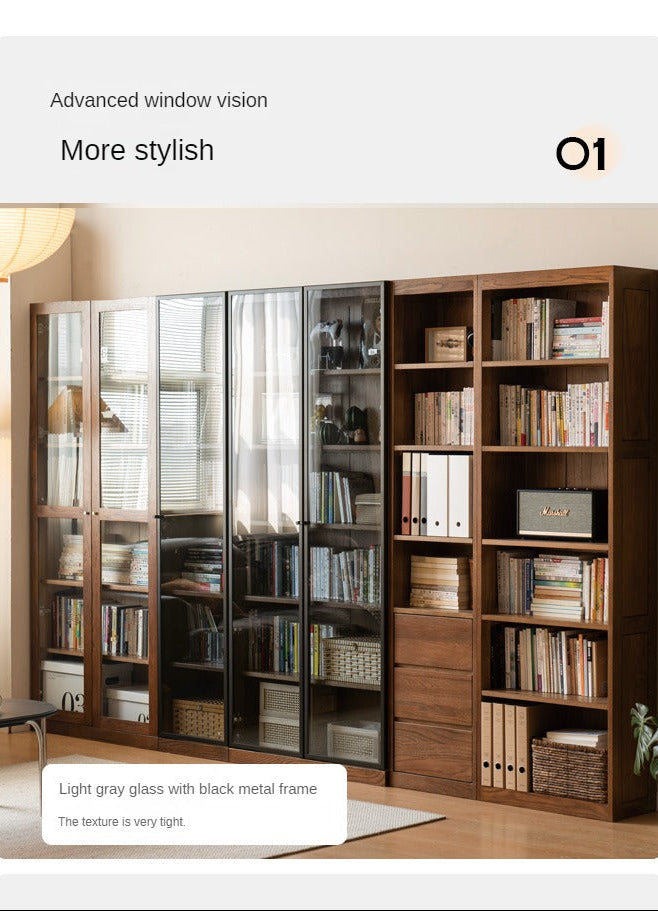 Solid Rubberwood, Oak Solid Wood Bookcase Modern With Glass Door