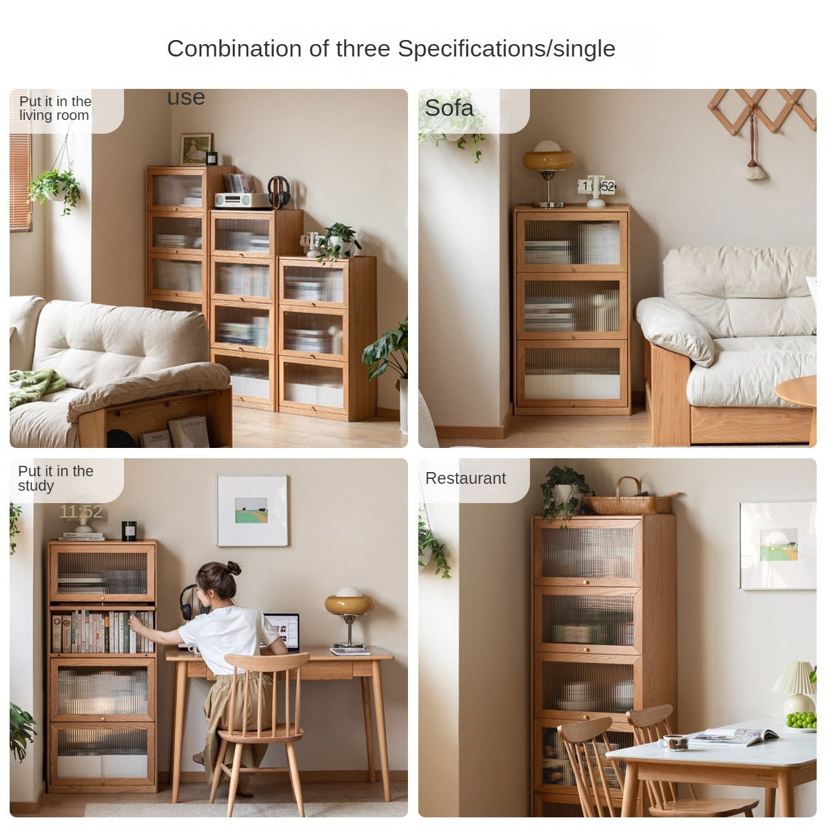 Oak Solid Wood Flip-Up Door Bookcase Combination Cabine