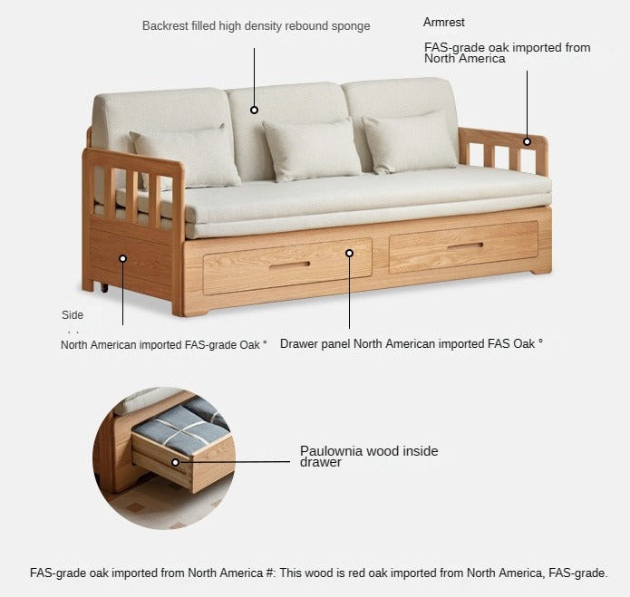 Oak Solid Wood Sofa Bed Folding Retractable Storage.
