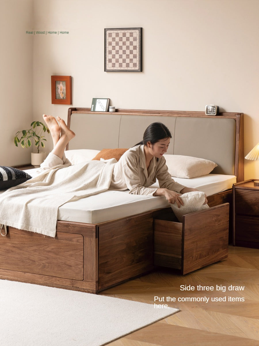 Black Walnut Solid Wood leather soft Drawer Box Bed Nordic