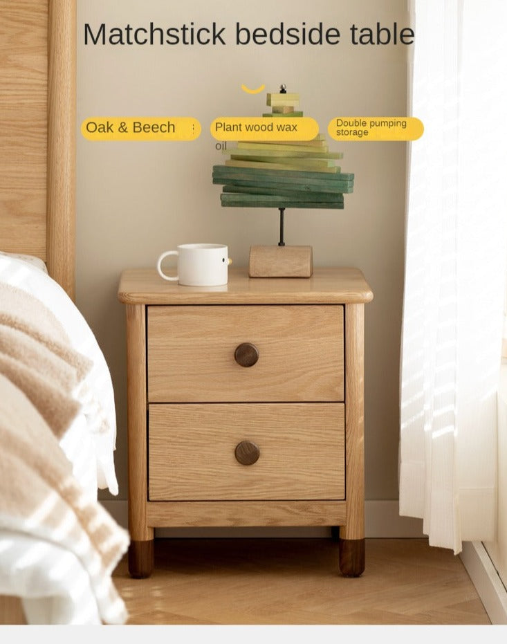 Oak, Beech Solid Wood Two-Drawer Nightstand