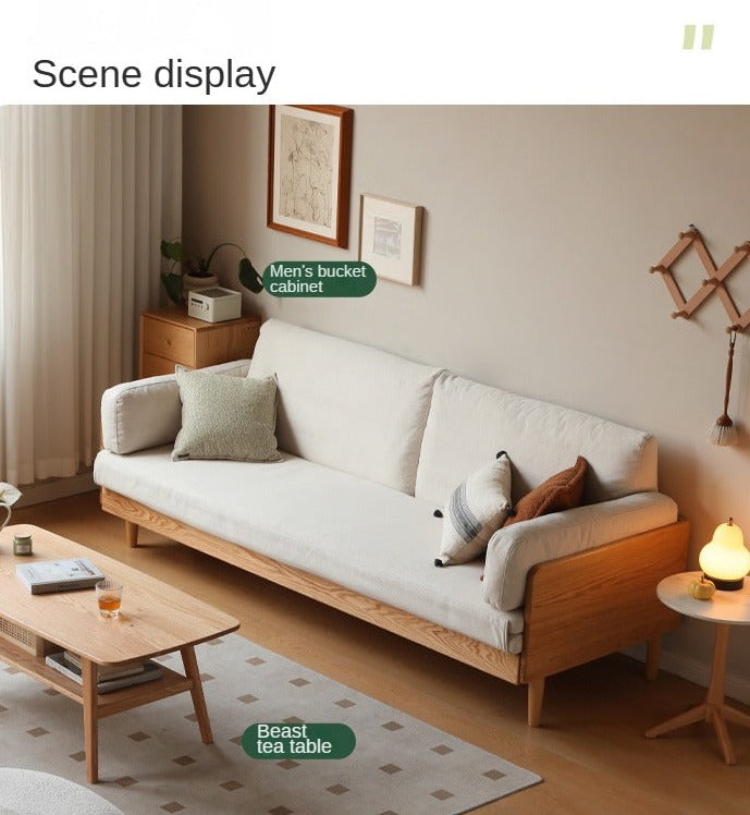 Oak Solid Wood Sofa Bed Folding White Goose Feather Cushions.
