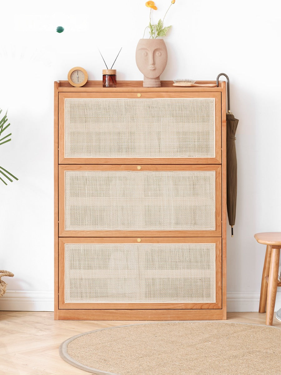 Oak Solid Wood Ultra-Thin Flap Door Rattan Shoe Cabinet