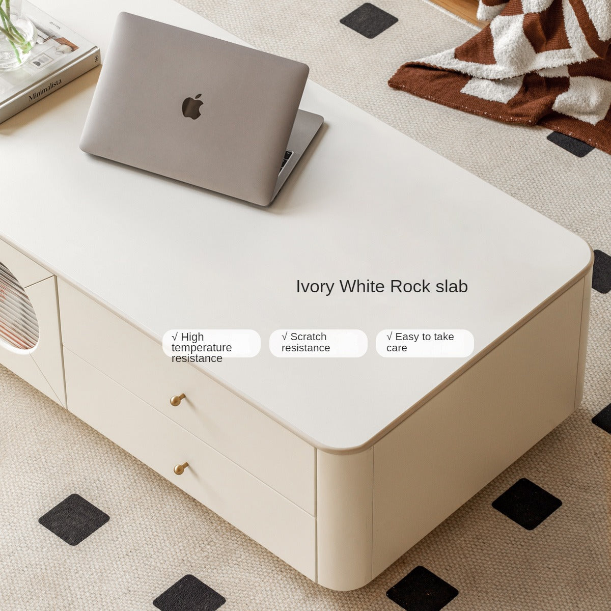 Poplar Solid Wood Floor Cream Style Rock Board Coffee Table