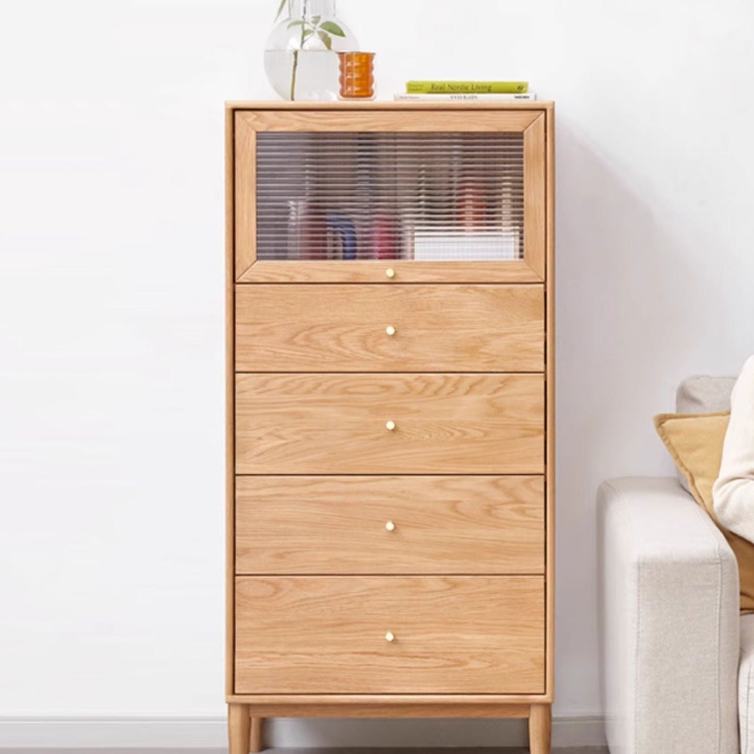 Oak Solid Wood Chest of Drawers Flip Glass Door