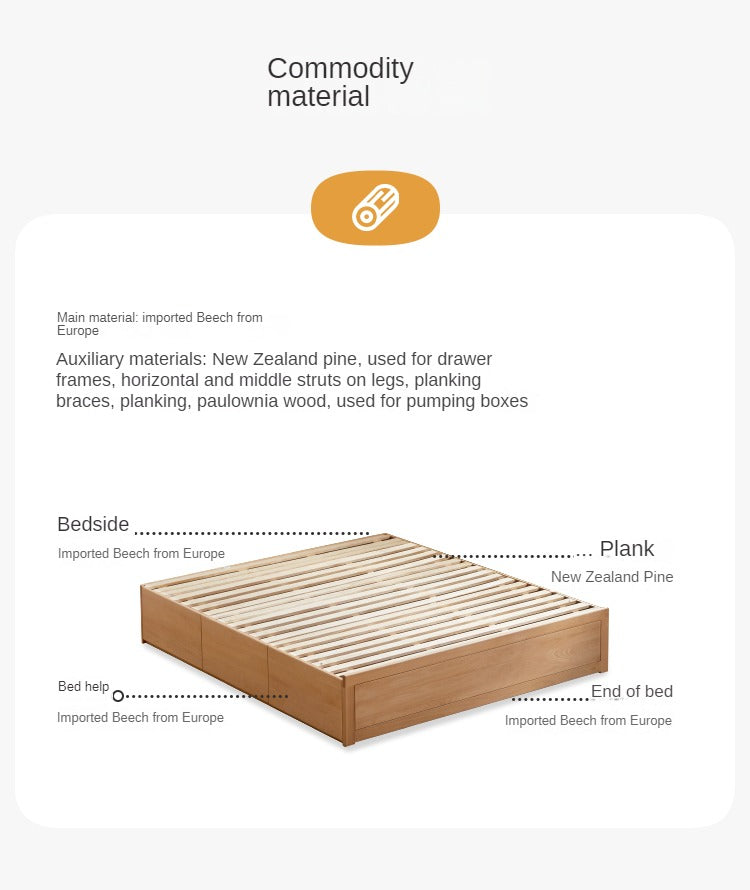 European Beech solid wood platform bed, headboard-free bed with drawer box bed.
