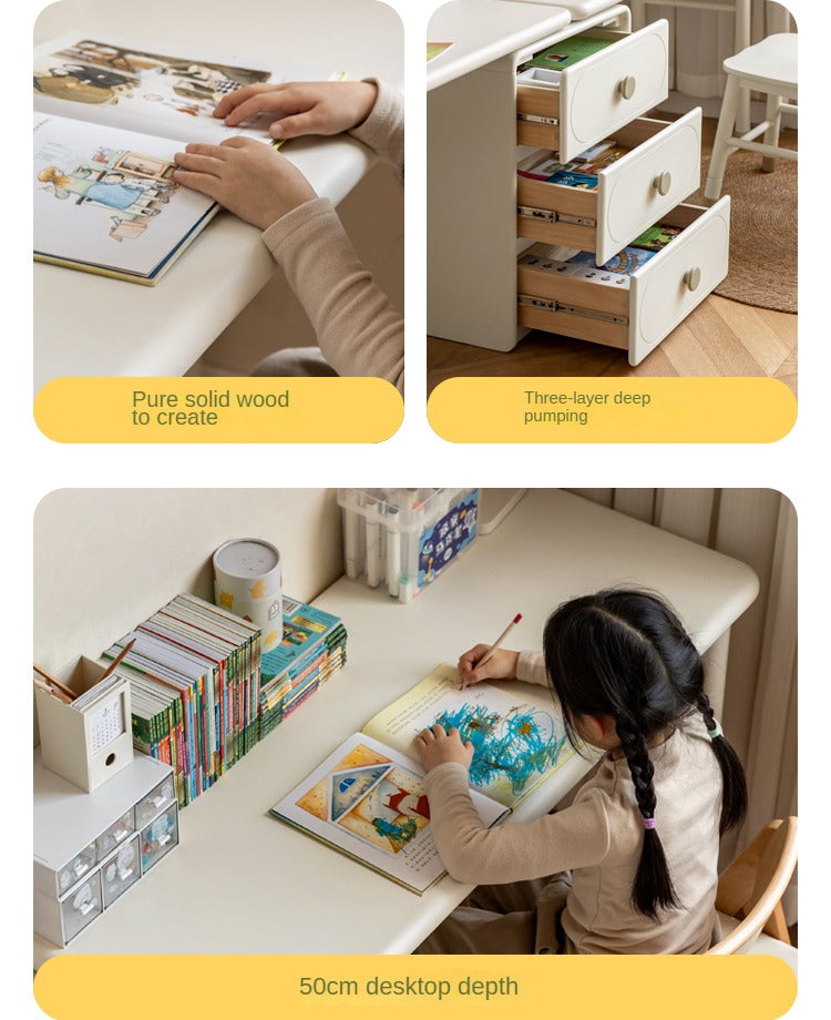 Poplar Solid Wood Cream Style Retractable Children's Double Desk