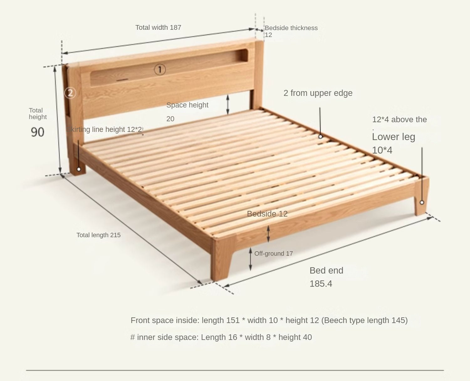 Oak, Beech Solid Wood With Light And Bookshelf Bed