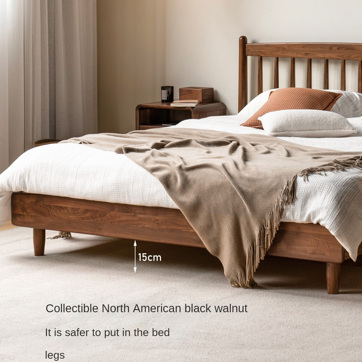 Black Walnut, Poplar Solid Wood Bed in Modern Casual Scandinavian Style