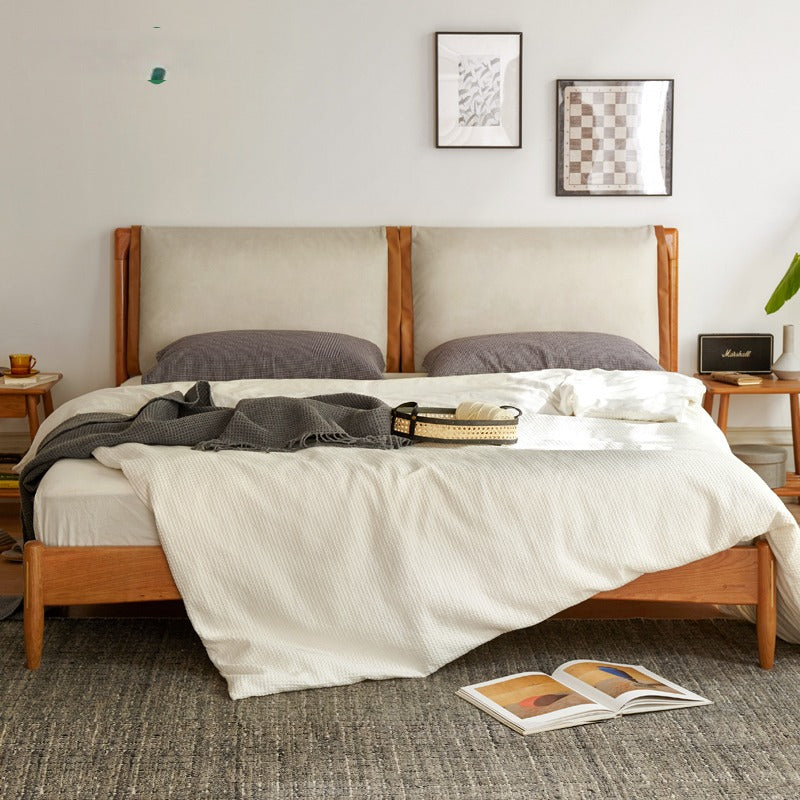 Cherry solid wood technology cloth soft back bed retro style
