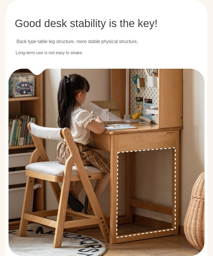 Beech, Rubber Solid Wood Children's Desk Bookshelf Integrated