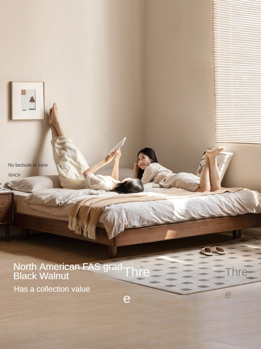 Black walnut solid wood platform bed, headboard-free suspended bed