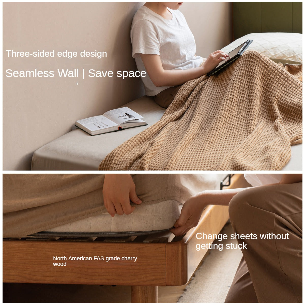 Cherry Solid Wood fabric Soft Bed