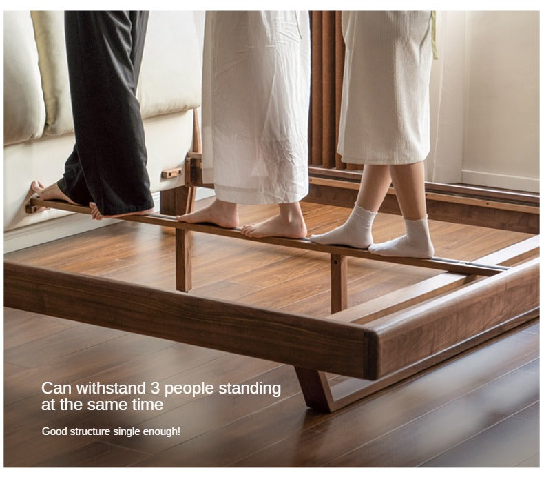 Teak, Black Walnut Solid Wood Genuine Leather Soft Bed Italian Light Luxury