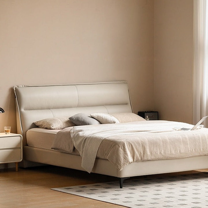 Genuine Leather Bed Cream First Layer Cowhide High Backrest Bed