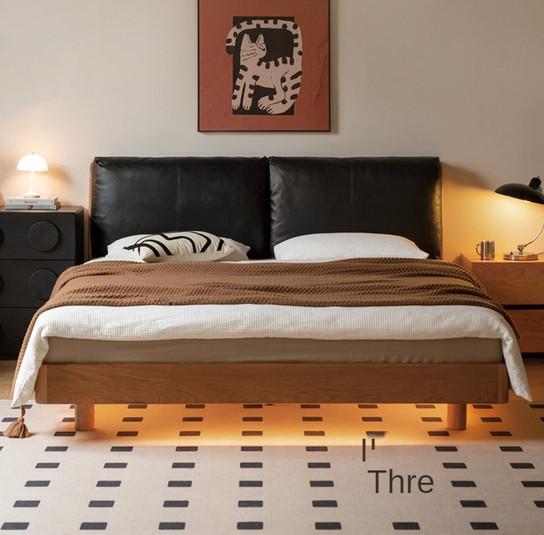 Cherry solid wood leather soft suspended bed
