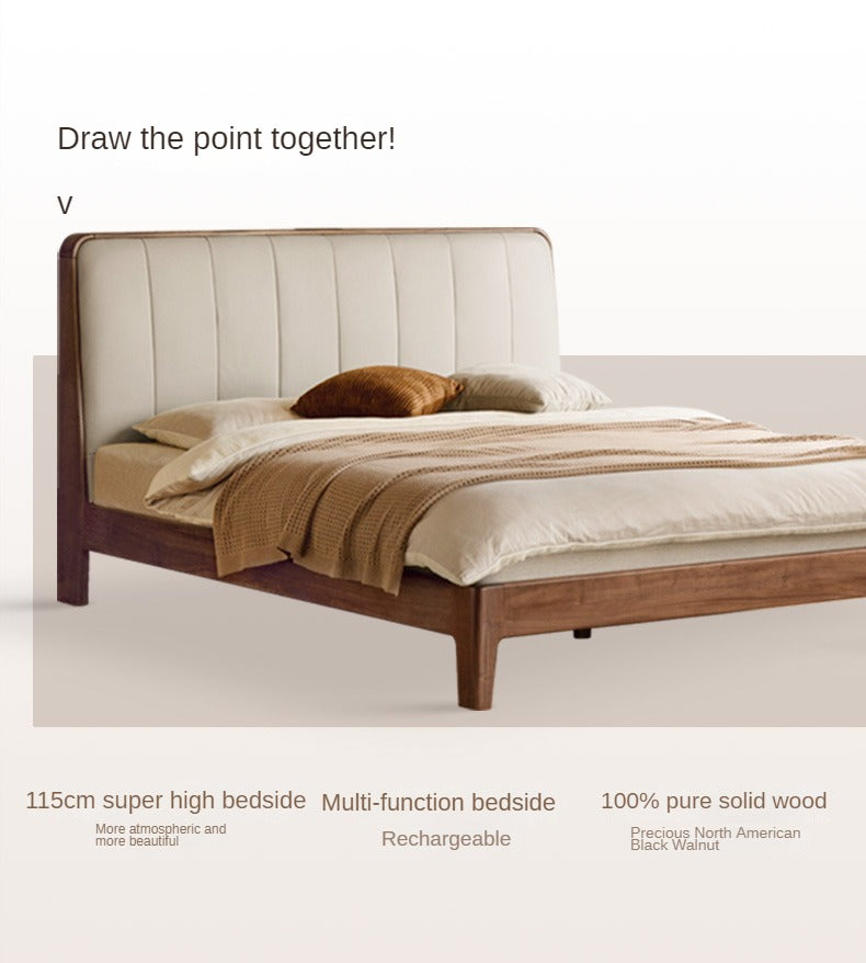 Teak, Black Walnut Solid Wood Bed Leather Soft Bed with Socket