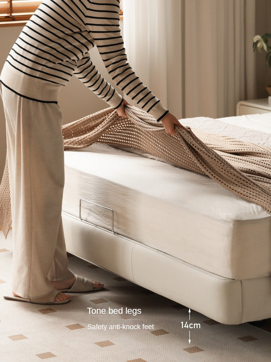 Leather platform bed, headboard-free floating bed cream style