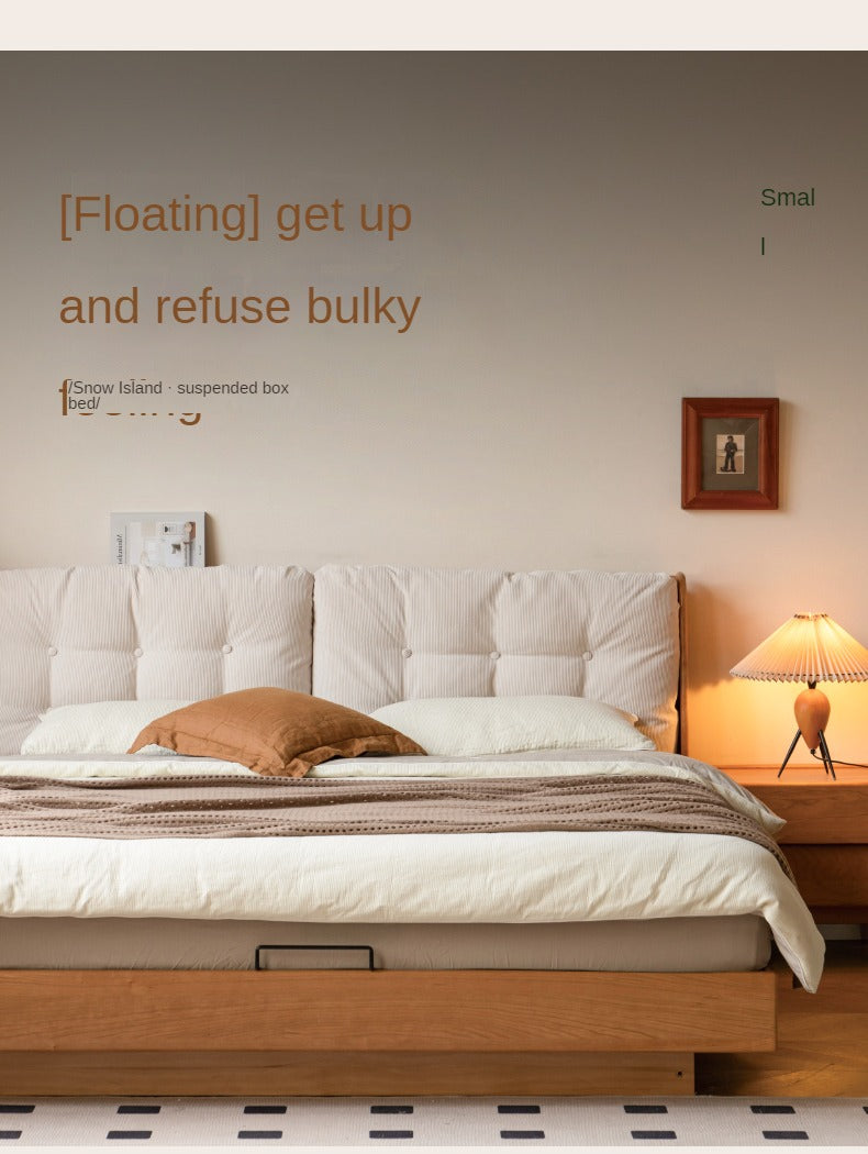 Cherry Solid Wood Box Bed Top Genuine Leather, Corduroy Suspended Bed