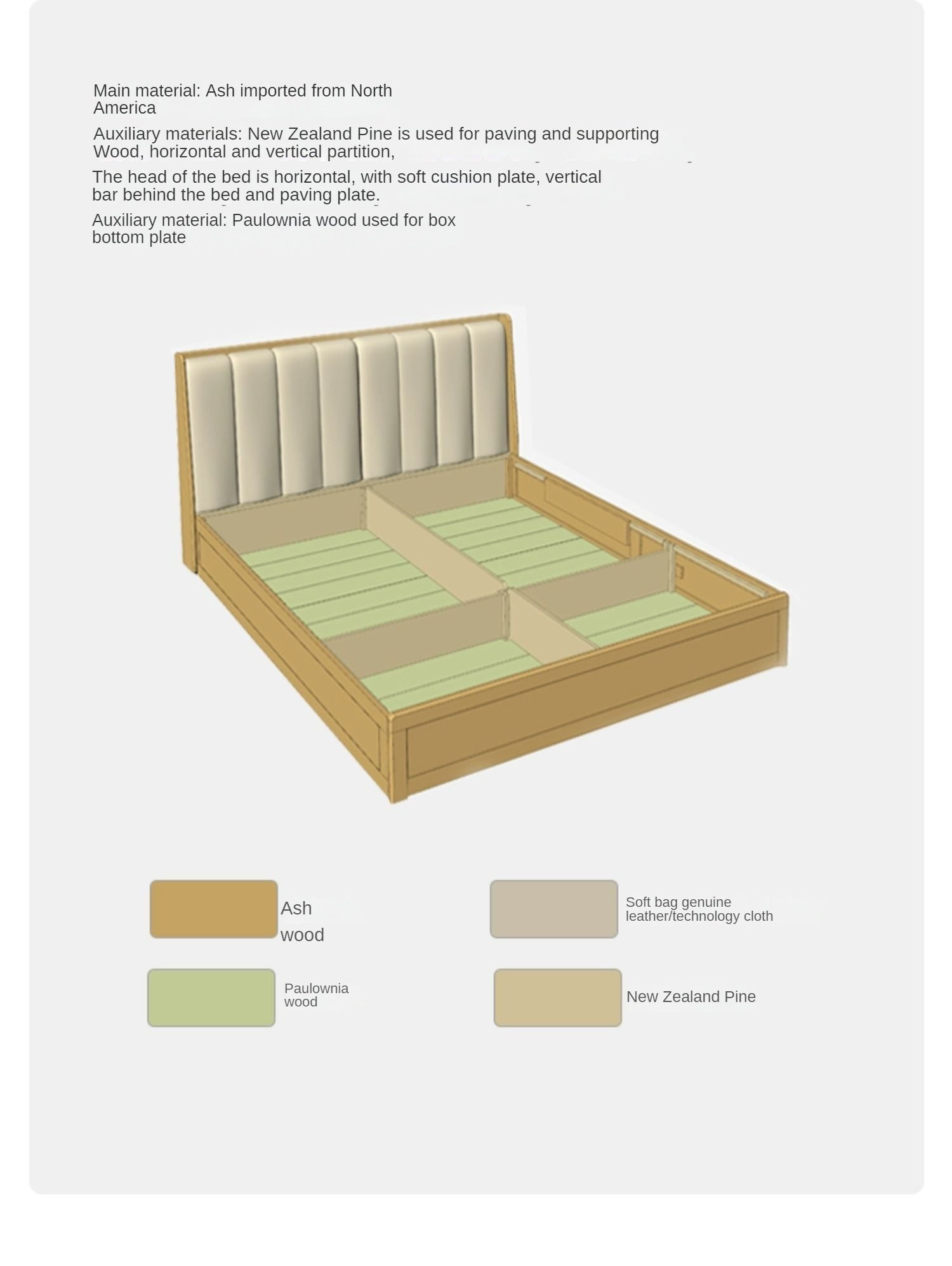 Ash Solid Wood Genuine Leather, Technical Cloth Box Storage Bed