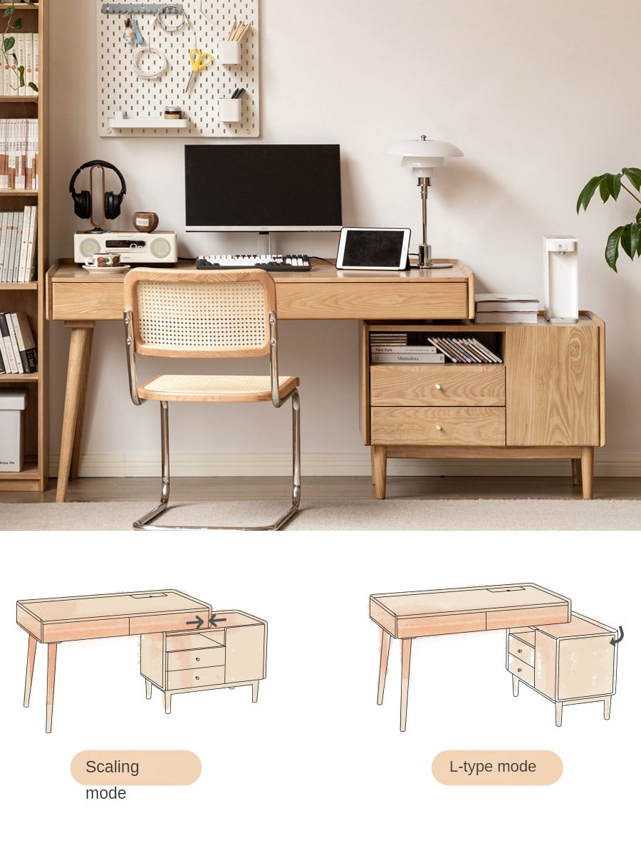 Ash Solid Wood Retractable Desk with Cabinet, Home Office