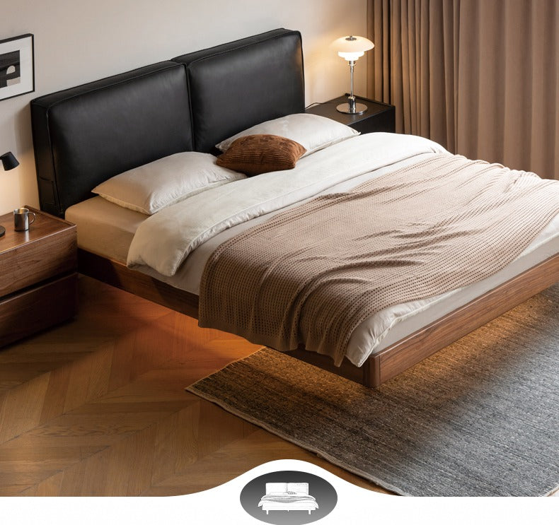 Teak, Black Walnut Solid Wood Genuine Leather Suspended Bed with Light
