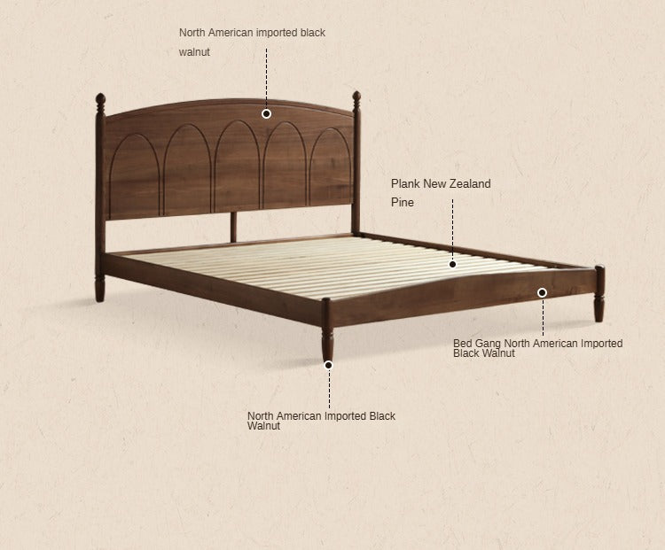 Black Walnut, Poplar Solid Wood Big Bed Retro French