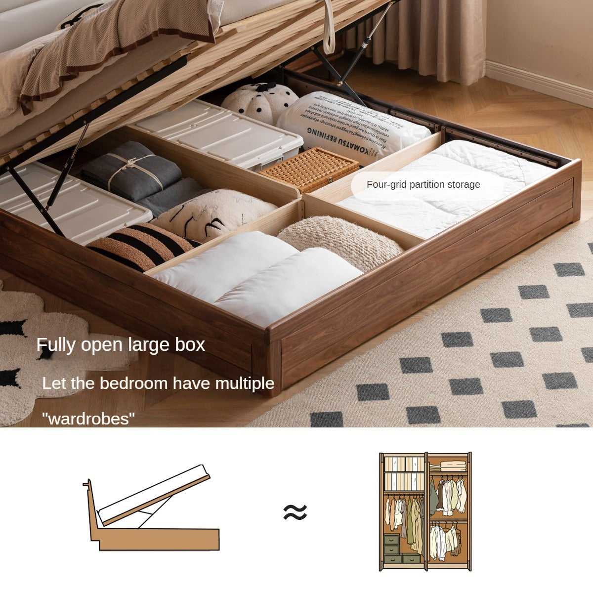 Black walnut solid wood storage box bed technology cloth soft back