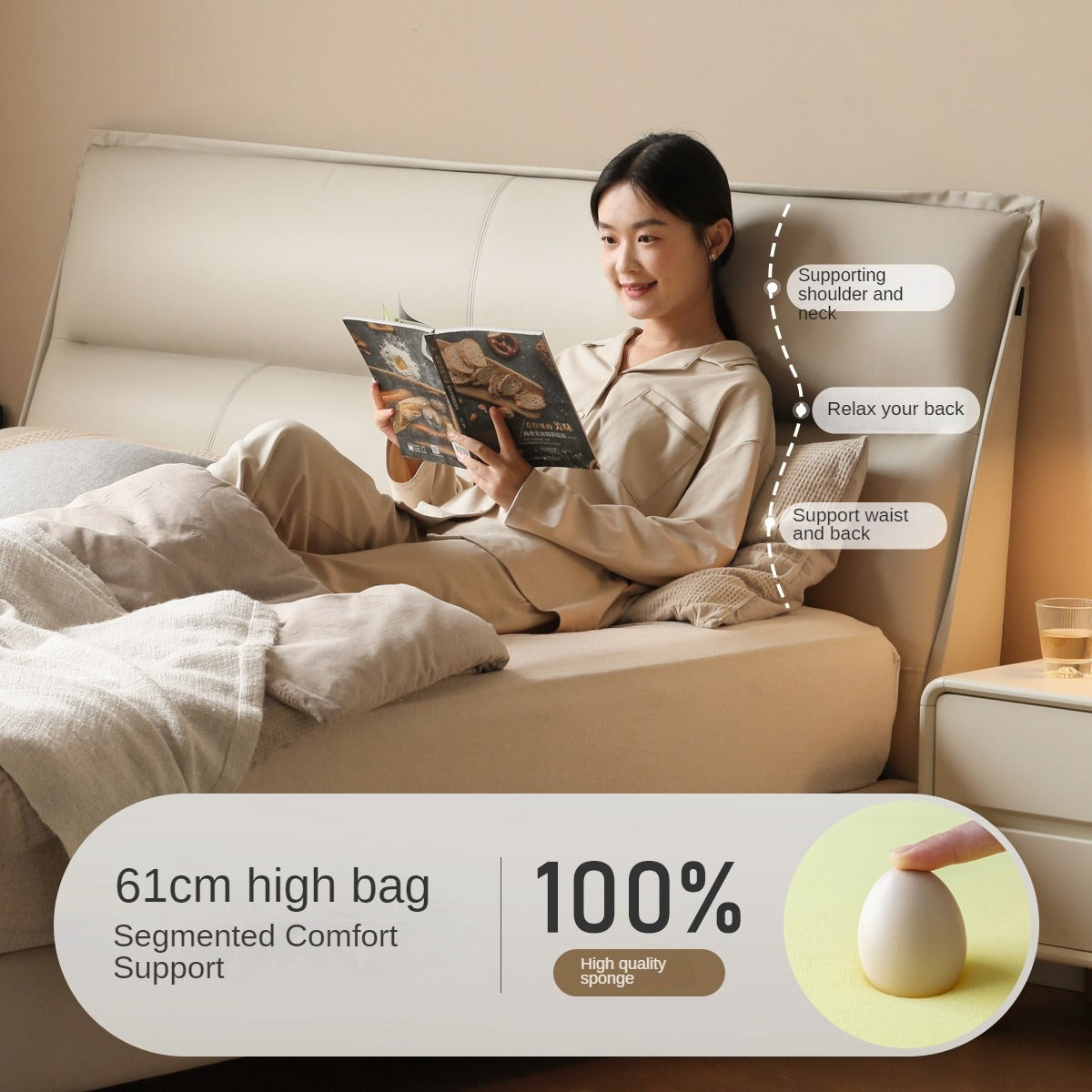 Genuine Leather Bed Cream First Layer Cowhide High Backrest Bed