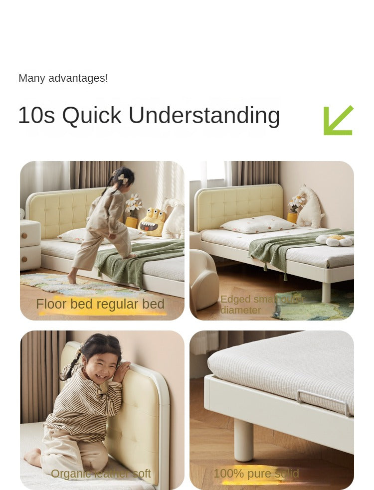 Rubber Solid Wood Children's White Cream Style Montessori Platform Bed.