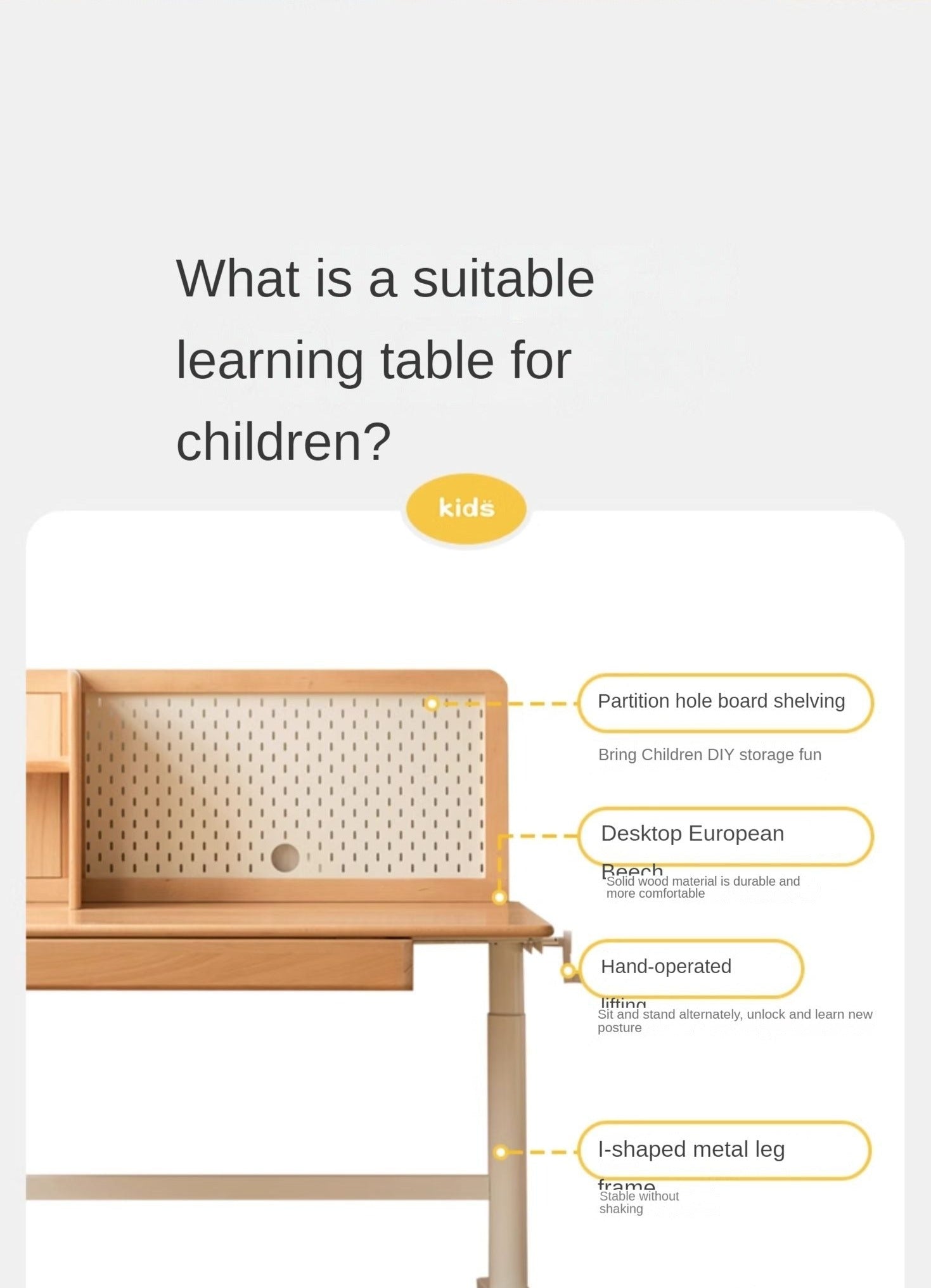 Beech Solid Wood Hand-Cranked Kids Lifting Table Board Shelf DIY