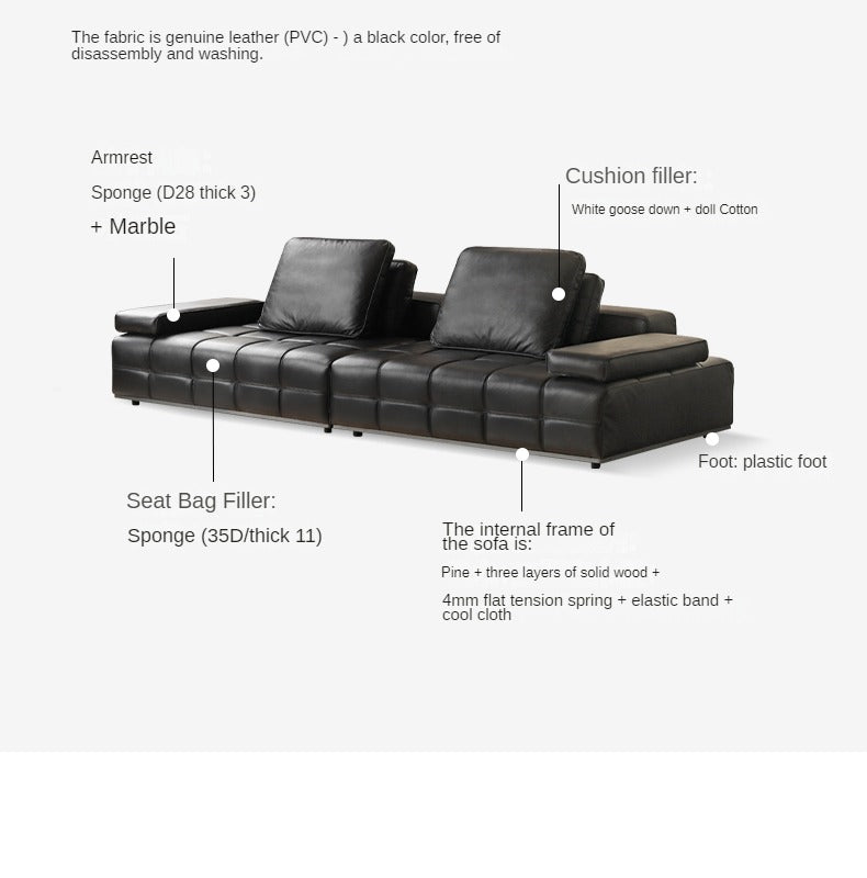 Leather Sofa Italian Black Straight Head Layer Yellow Cowhide.