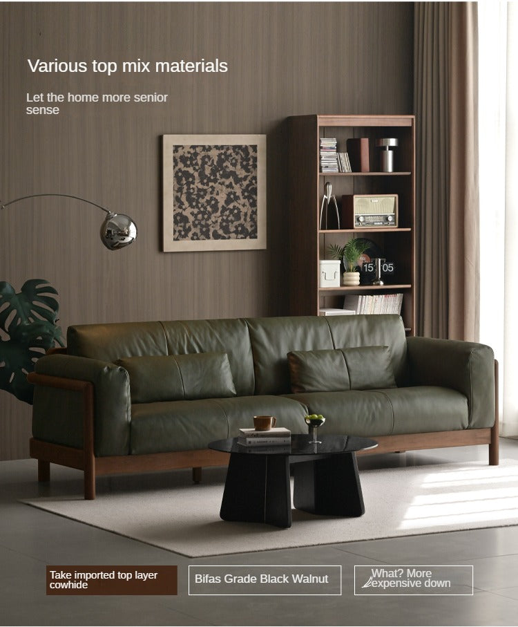 Black Walnut Solid Wood Leather Sofa Modern,