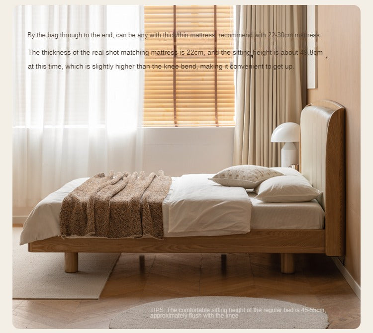 Ash Solid Wood Genuine Leather High Soft Back Bed