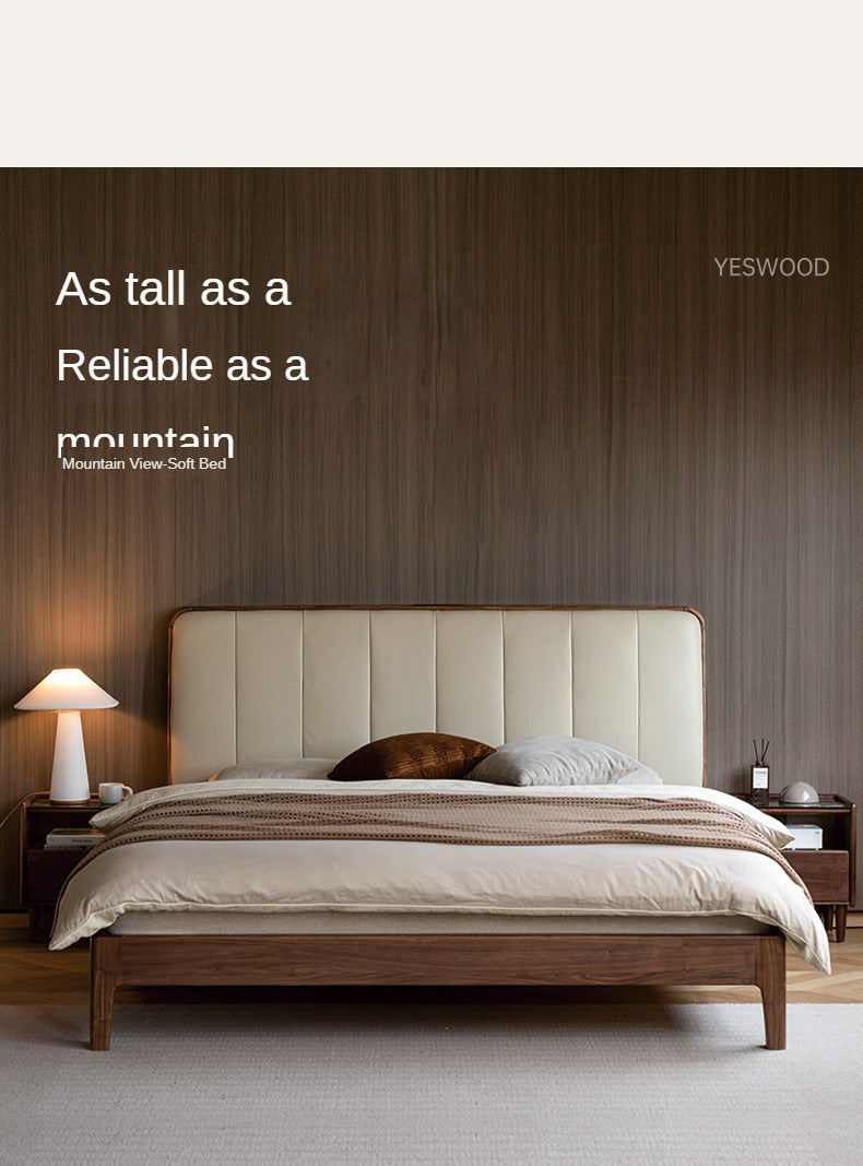 Teak, Black Walnut Solid Wood Bed Leather Soft Bed with Socket