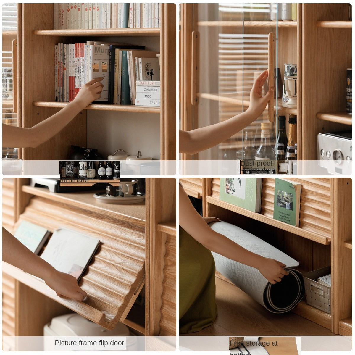 Oak, Beech Solid Wood Bookcase With Glass Door Floor-Standing Bookshelf Multi-Layer Storage Rack Free Combination Display Cabinet