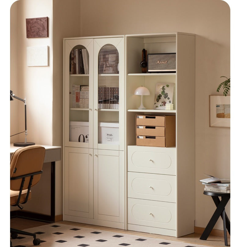 Poplar Solid Wood Bookcase White With Glass Door Whole Wall Combination French Cream Style