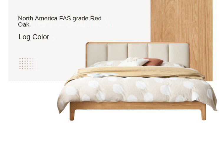 Oak, Rubberwood Solid Wood Genuine Leather, eco Leather Bed Modern