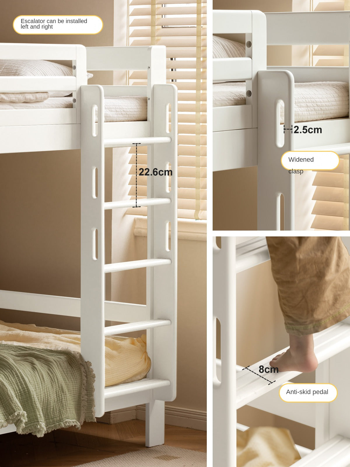 Rubber wood, Beech Solid Wood Children's Bunk Bed Cream Style White.