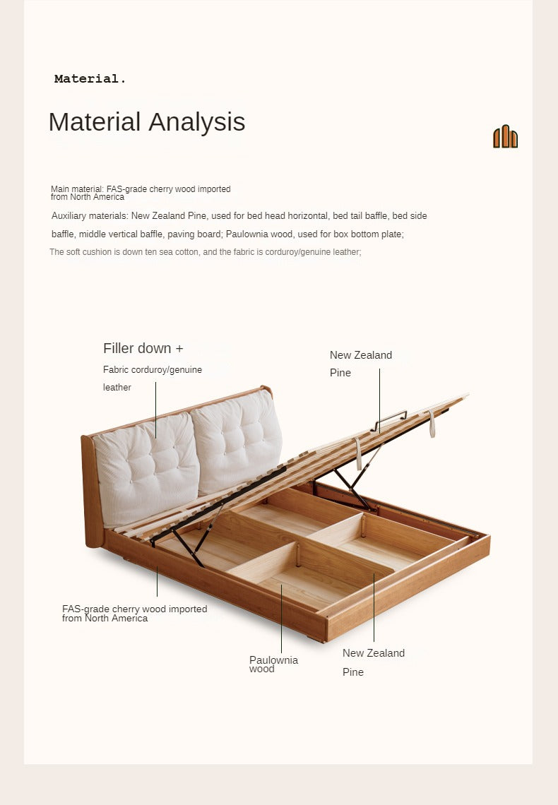 Cherry Solid Wood Box Bed Top Genuine Leather, Corduroy Suspended Bed