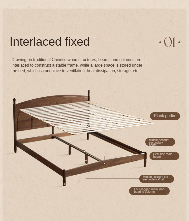 Black Walnut, Poplar Solid Wood Big Bed Retro French