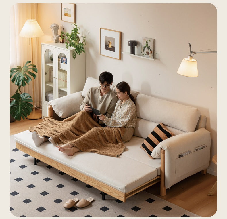 Oak Solid Wood Sitting and Sleeping Retractable Sofa Bed.