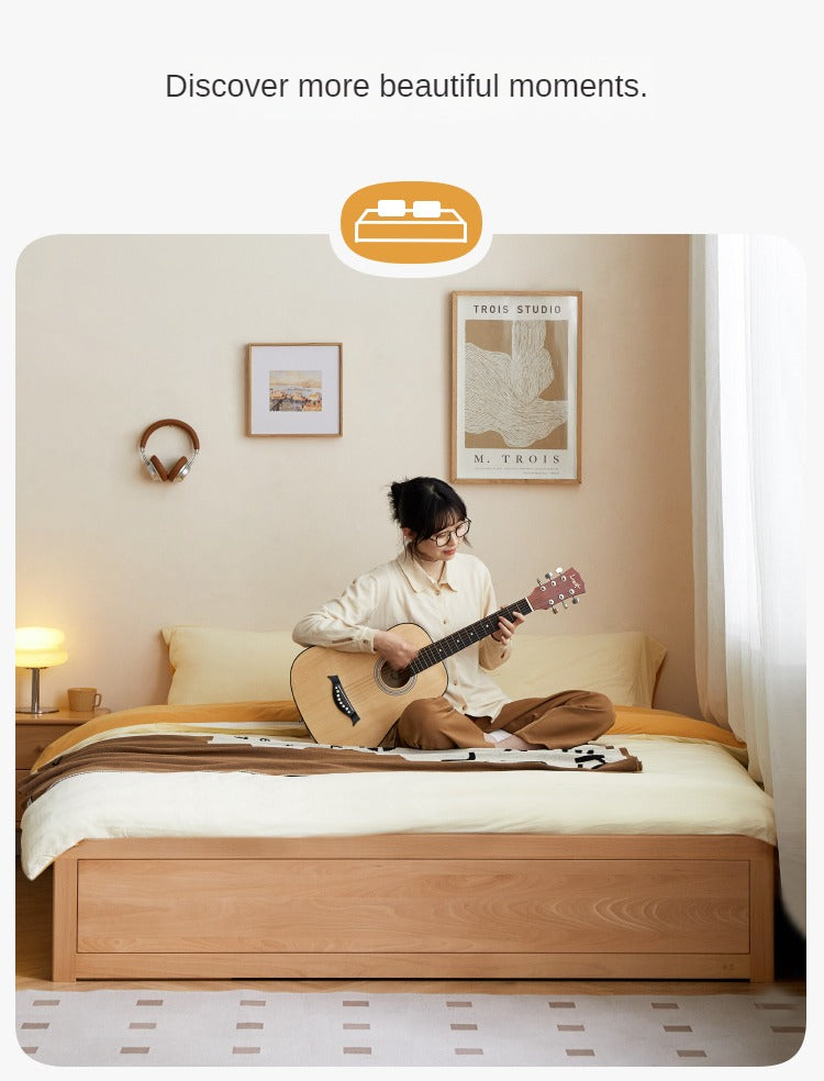 European Beech solid wood platform bed, headboard-free bed with drawer box bed.