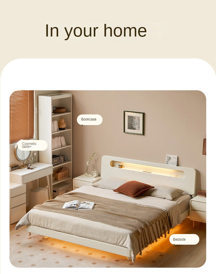 Oak Solid Wood Bed Cream Suspension Bed Luminous