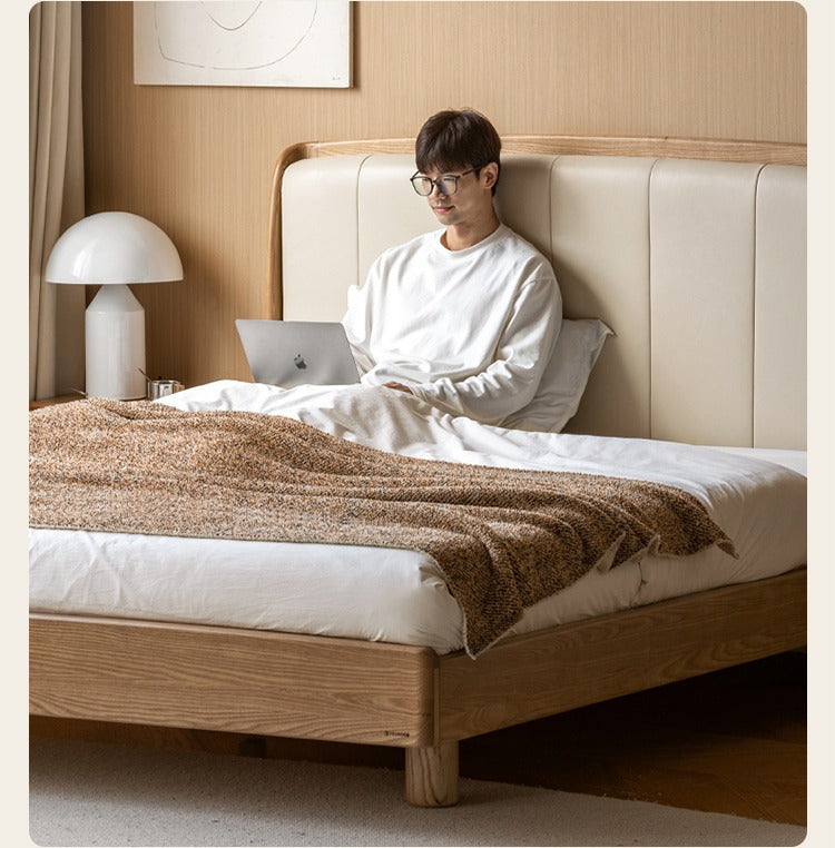 Ash Solid Wood Leather High Soft Back Bed